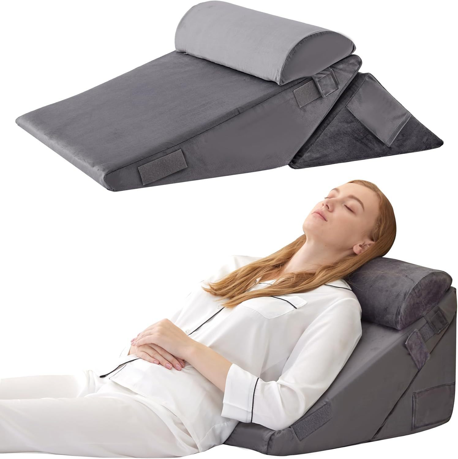 Three-piece grey memory foam bed wedge set — a large wedge, a half-roll bolster and a smaller wedge with hook-and-loop connectors