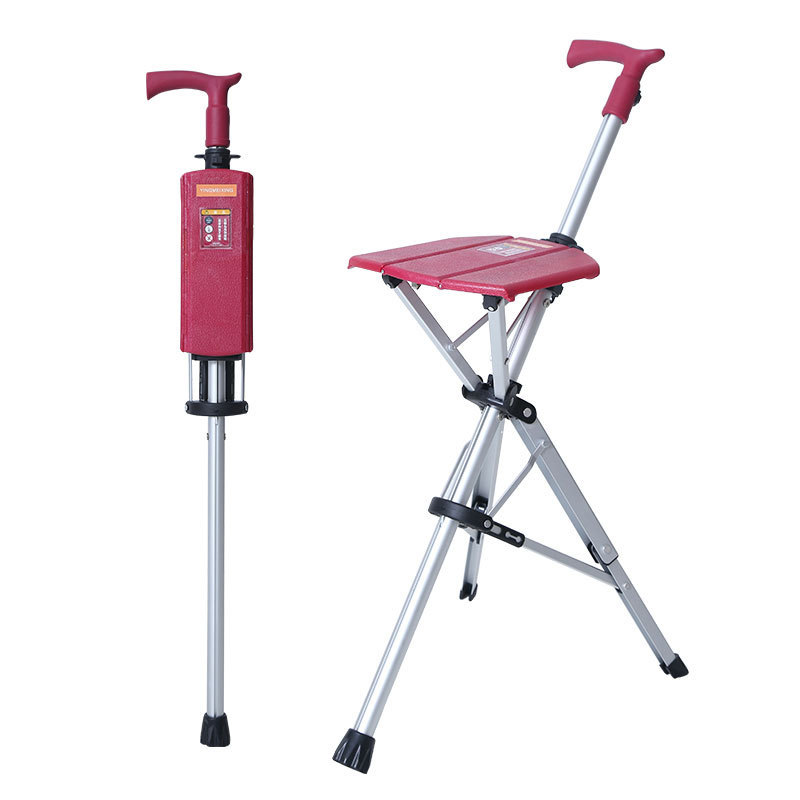 Burgundy and aluminium folding walking cane that opens into a three-legged seat, shown folded and unfolded