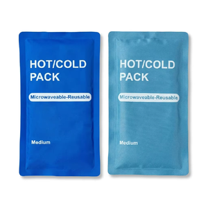 Two rectangular reusable hot and cold gel packs, one dark blue and one light blue, labelled microwaveable and reusable