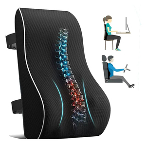 Black memory foam lumbar cushion with a printed spine graphic and adjustable straps, shown on an office chair and a car seat